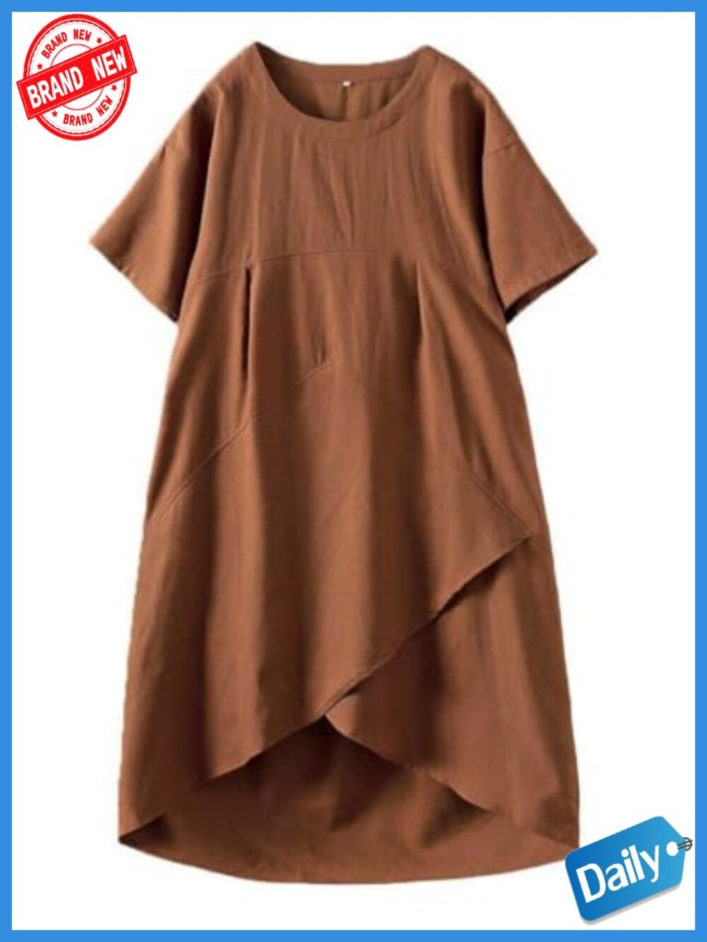 Women's Linen Midi Dress Oversized Short Sleeve Sundress with Pockets
